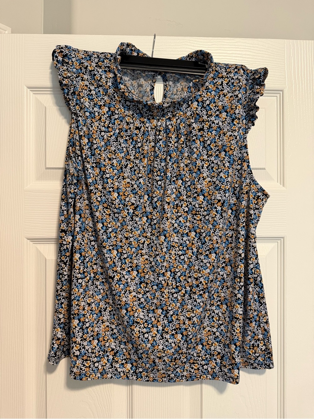 Adrianna Papell Blue and Tan Floral Ruffle Cap Sleeve Camisole